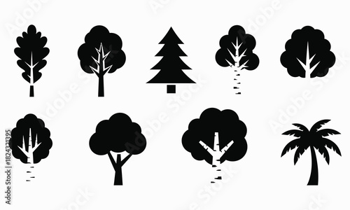 Set of different tree vector icons in black color depicting various tree types including deciduous and evergreen trees on a white background design element for nature and landscape