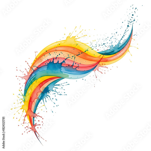 Vibrant abstract watercolor wave with rainbow colors and dynamic paint splatters on a white background.