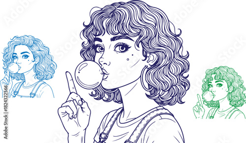 Pixelated woman blowing bubblegum with retro computer graphics on transparent background