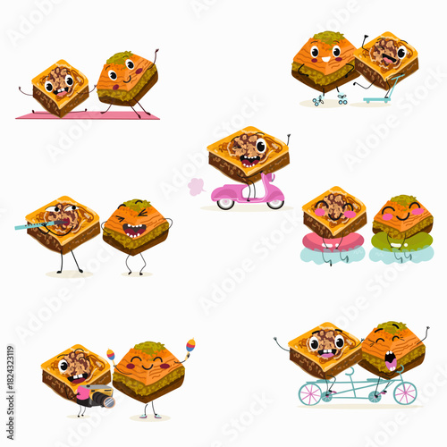 Funny Characters Turkish Traditional desserts pistachio baklava, hand drawn vector illustration.