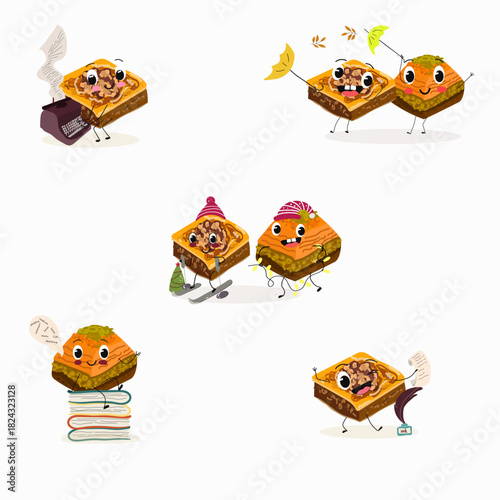 Funny Characters Turkish Traditional desserts pistachio baklava, hand drawn vector illustration.