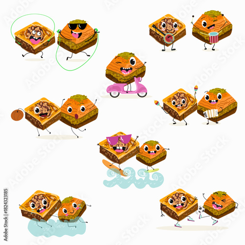 Funny Characters Turkish Traditional desserts pistachio baklava, hand drawn vector illustration.