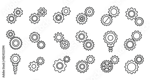 Vector set of various gear combinations depicting different mechanisms and machine components for engineering and technology projects on a clean white background