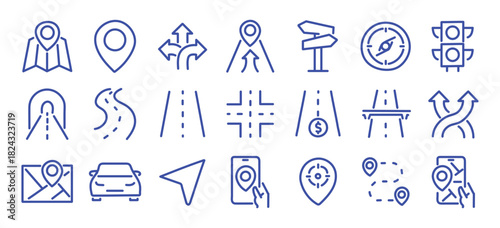 Navigation and roads related editable stroke outline icons set isolated on white background flat vector illustration. Pixel perfect. 64 x 64.