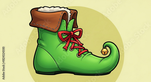 Vibrant green cartoon elf boot with curled toe, red laces, and a small golden bell, perfect for holiday illustration