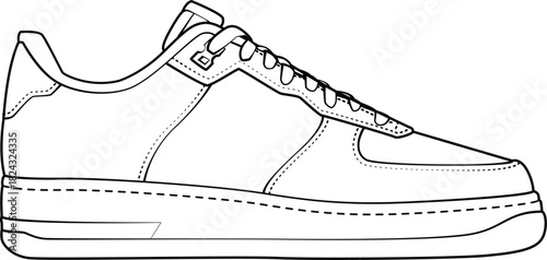 Chunky street sneaker line art illustration, clean bold outlines, modern proportions, minimal shading, smooth contours, high-quality vector drawing, fashion footwear graphic for apparel and merchandis