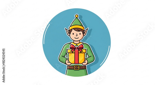 Cute cartoon illustration of a happy christmas elf wearing a green outfit and pointy hat holding a wrapped gift box with a red ribbon in a circular frame