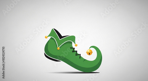 Cartoon illustration of a single green elf shoe with a curled toe and small golden jingle bell
