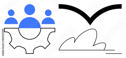 Three figures atop a gear represent teamwork and collaboration, joined by a bird and cloud signifying freedom, creativity, and growth. Ideal for progress, innovation, teamwork, aspirations
