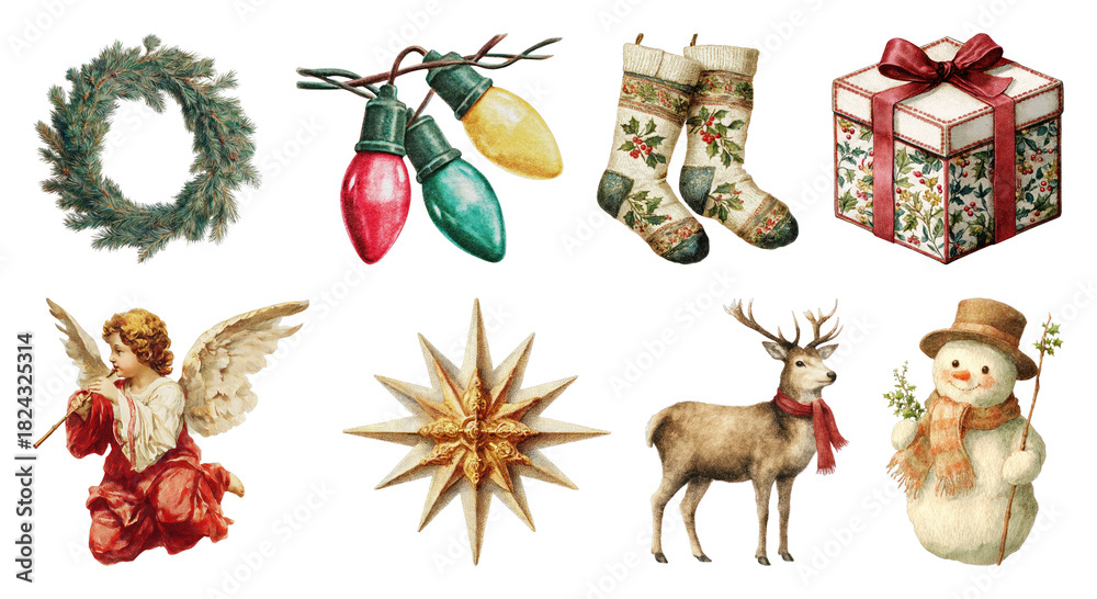Obraz premium PNG Vintage Christmas holiday decoration collection, element set on transparent background