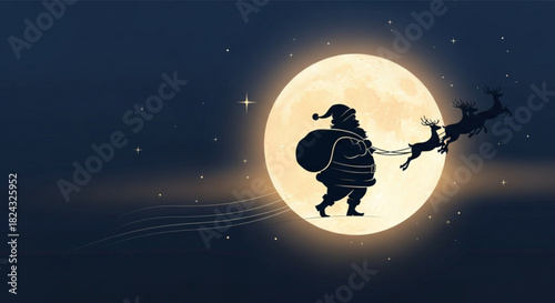 Silhouette of santa claus with sack flying across a giant full moon at night with a reindeer leading the way for christmas eve delivery