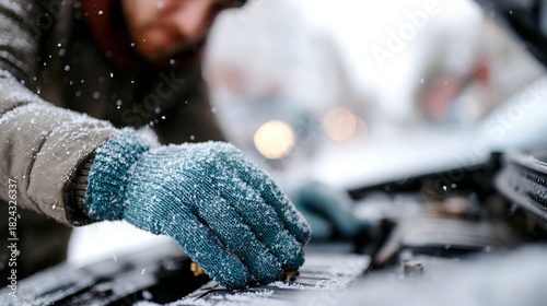 Car owner performs battery maintenance during winter conditions
