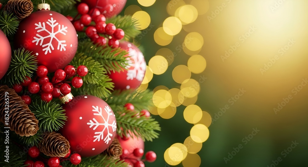 Fototapeta premium Festive Christmas Ornaments with Golden Bokeh Lights.