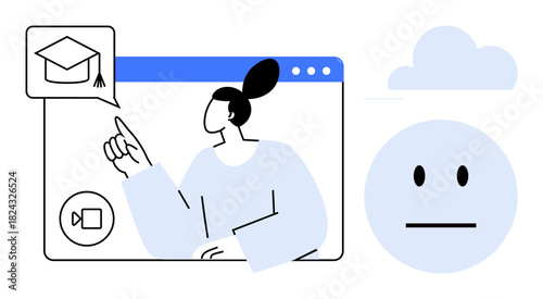 Woman engaging in online communication with a graduation cap pop-up, video icon, and thought cloud. Ideal for education, e-learning, communication, webinars, remote work, innovation virtual