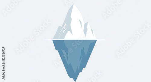 Minimalist vector illustration of an iceberg showing the small visible tip above the water and the much larger submerged mass below the surface