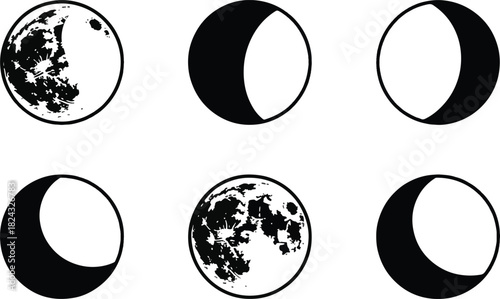 Moon Phases and Lunar Cycle Solid Icons Set