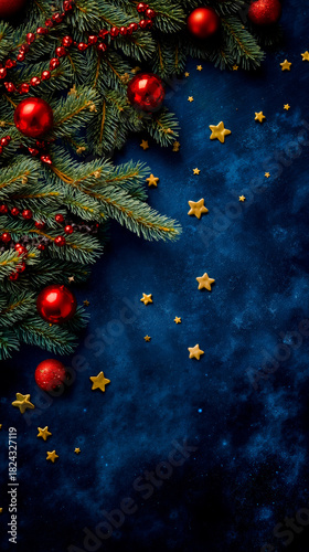 A digital artwork depicting a Christmas tree with red ornaments and a string of red beads set against a starry night sky with yellow stars