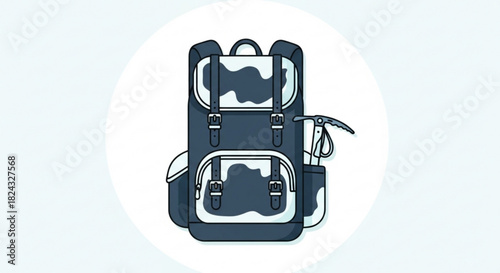 Illustration of a blue and white patterned hiking backpack with an ice axe attached