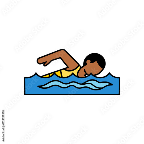 Minimalist cartoon swimmer wearing yellow outfit performing front crawl in bright blue water with smooth wave details