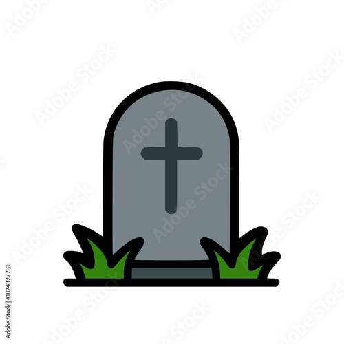 Grey gravestone icon with simple cross design surrounded by green grass on white background creating calm somber memorial atmosphere