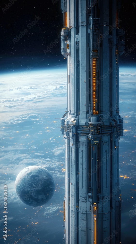 Obraz premium A colossal, futuristic space elevator tower extends upwards from Earth's orbit, with a large moon visible in the background. The scene is illuminated by the sof