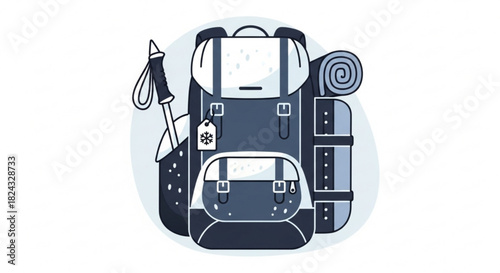 Illustration of a blue and white hiking backpack with a rolled sleeping mat and trekking pole attached