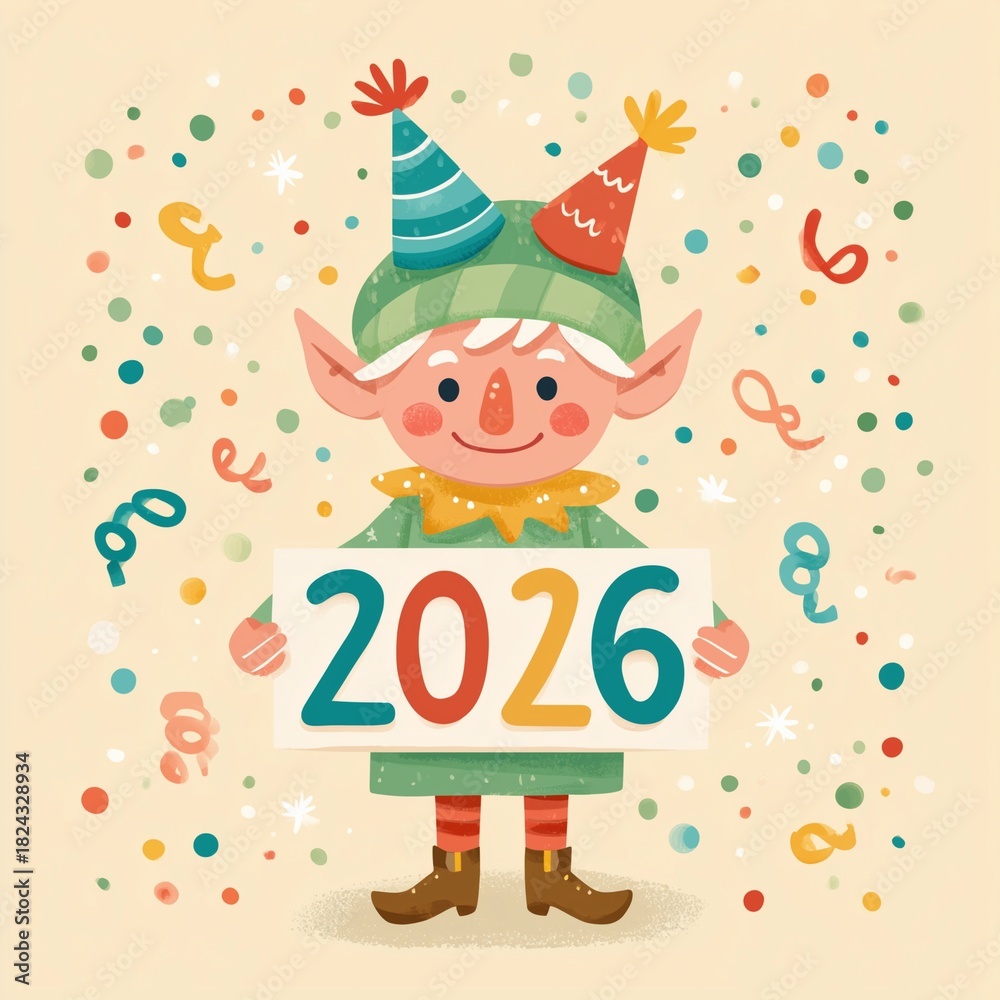 Fototapeta premium A cheerful elf, donning a party hat, proudly presents a sign displaying the year 2026, set against a backdrop of colorful confetti