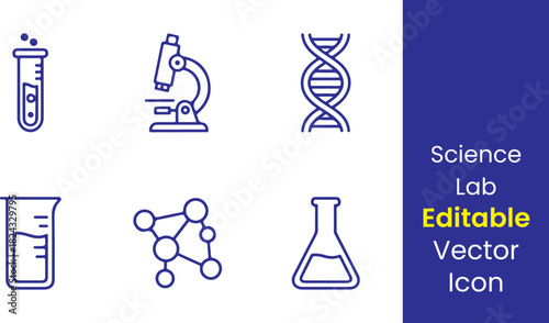  Science lab line icons, test tube, microscope, DNA strand, beaker, molecule, flask, thin outline minimal style, white background