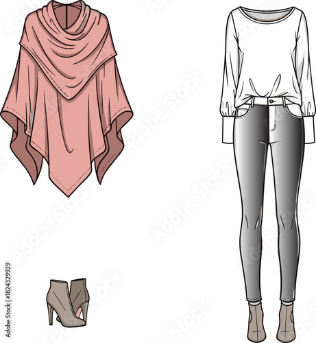 Women's Fashion Flat Sketch Set Featuring Pink Draped Poncho Cape and Casual Outfit with Jeans and Ankle Boots Vector Illustration.