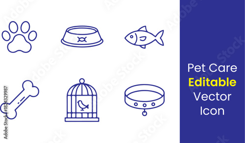 Pet care line icons, paw print, dog bowl, fish, bone, bird cage, collar, minimal thin outline, white background vector pack