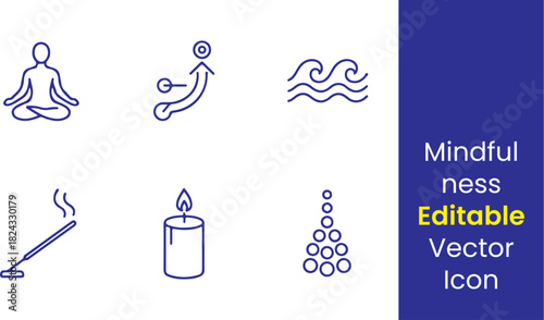 Mindfulness line icons, lotus pose, breath symbol, calm wave, incense, candle, chakra dots, minimal outline, white background