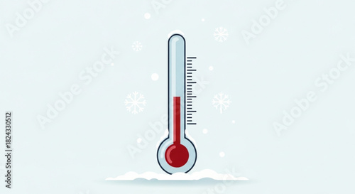 Vector illustration of a thermometer showing a low temperature with snowflakes falling in the background, symbolizing cold weather or freezing conditions