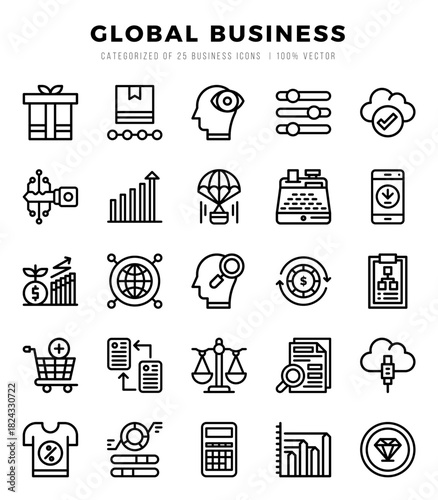 Vector icons set of Global Business. Lineal style Icons.