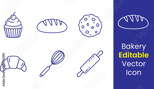 Bakery line icons, cupcake, bread loaf, cookie, croissant, whisk, rolling pin, minimal thin outline, white background
