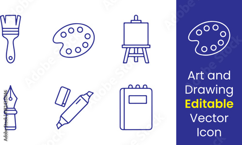 Art and drawing line icons, brush, palette, canvas, ink pen, marker, sketchbook, minimal outline, clean stroke, white background vector