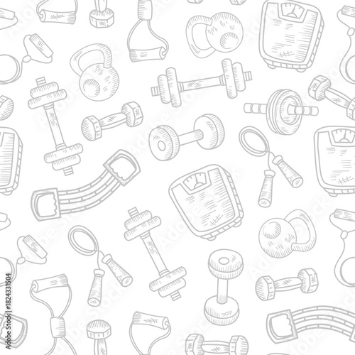 Sport, fitness pattern background. Fitness and gym doodle hand drawn pattern. Doodle gym seamless pattern background. Hand drawn gym.