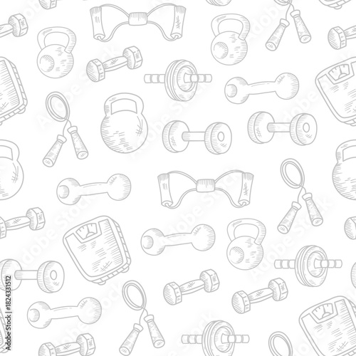 Sport, fitness pattern background. Fitness and gym doodle hand drawn pattern. Doodle gym seamless pattern background. Hand drawn gym.