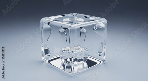 Realistic 3d rendering of a clear glass or crystal ice cube with internal texture resting on a reflective surface against a soft gradient background