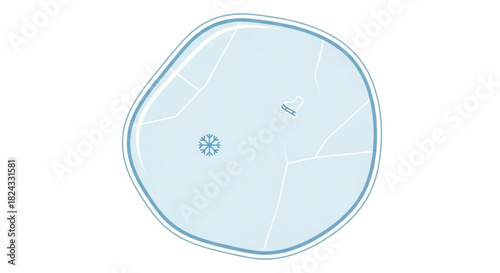 Top view illustration of a light blue, irregularly shaped swimming pool or water feature with internal markings and a central drain