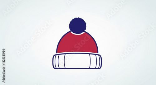 Simple illustration of a red and white winter beanie hat with a dark blue pompom on top