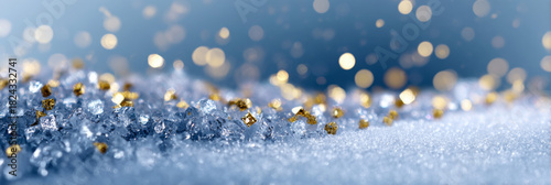 Sparkling crystals and golden glitter scattered on soft white surface, creating a magical winter wonderland atmosphere with shimmering light reflections