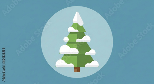 Simple flat design illustration of a green pine tree covered with white snow, set inside a light blue circle against a solid blue background for a winter or holiday theme