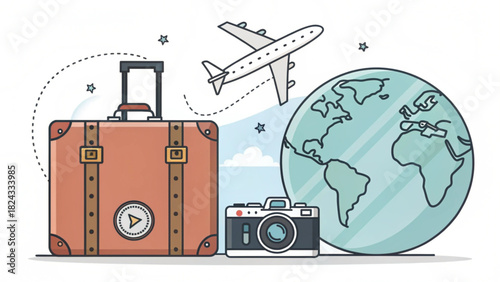 Vintage suitcase, airplane, camera, and globe illustration inspiring wanderlust and adventure, perfect for travel blogs and vacation promotions worldwide