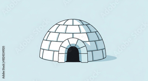 Simple cartoon illustration of a traditional igloo made of snow blocks with an arched doorway, set against a light blue background