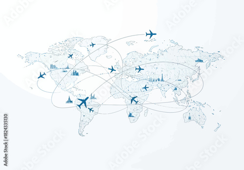 Blue stylized world map illustration with interconnected flight paths airplanes and city landmarks representing global travel and logistics.