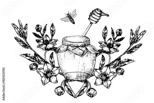 Manuka honey sketch illustration for label or logo. Hand drawn manuka flowers with honey jar and spoon, bee in vintage linear style. Honey background with manuka.