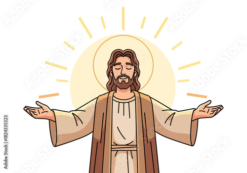 Cartoon Jesus with serene expression brown hair beard light brown robe outstretched arms golden halo.