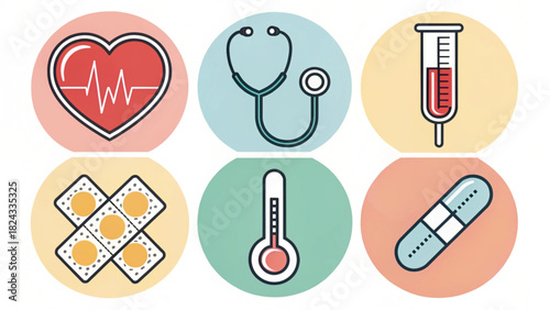 Comprehensive healthcare icons for medical professionals, hospitals, and pharmaceutical companies, promoting wellness, treatment, and medical care with modern design