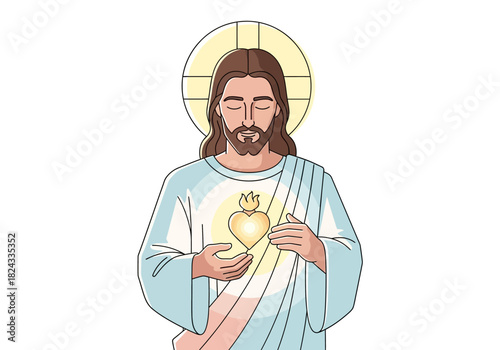 Peaceful illustration of Jesus Christ with a halo holding the luminous Sacred Heart.