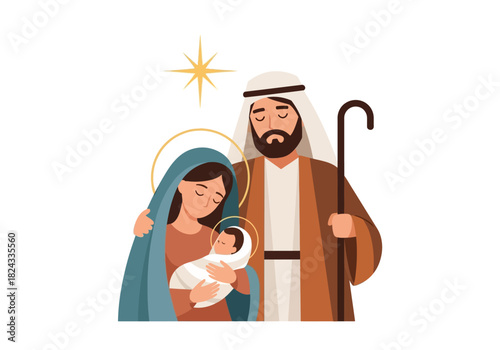 Nativity Scene Illustration: Mary Joseph and Baby Jesus with Haloes.